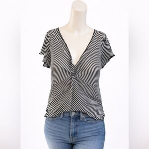 Newport News Black White Striped Twist Front Blouse Size 14 Flutter Sleeve Top